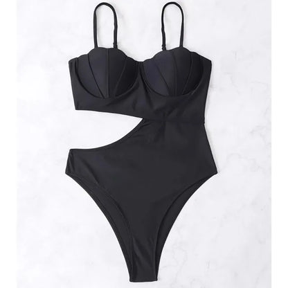 Pink Strapped Swimwear Women Underwire Push Up One Piece Swimsuit Monokini Halter Hollow Bathing Suit