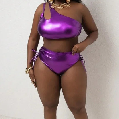 Plus Size Bikini Set Pure Color Foil Luminous Fabric Two Piece Swimsuit Women's Fashion Beachwear Swimwear