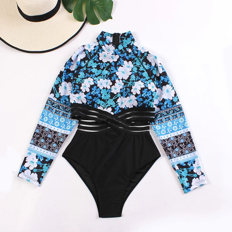 Long Sleeve Swimwear One Piece Cover Up Swimsuits Print Floral Bodysuit Hollow Out Bikinis Beach Bathing Bikini Set Beachwear