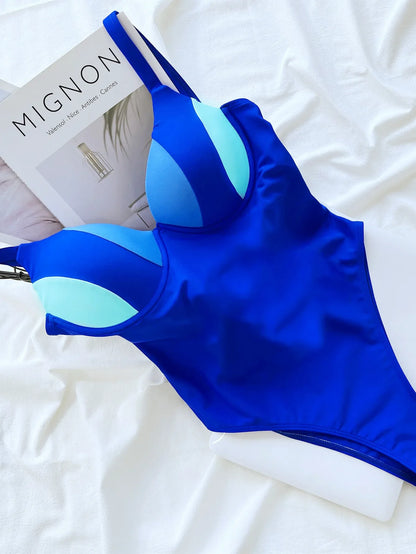 One Piece Swimsuit Swimwear Women Push Up Blue Patchwork One-piece Bathing Suit Beachwear