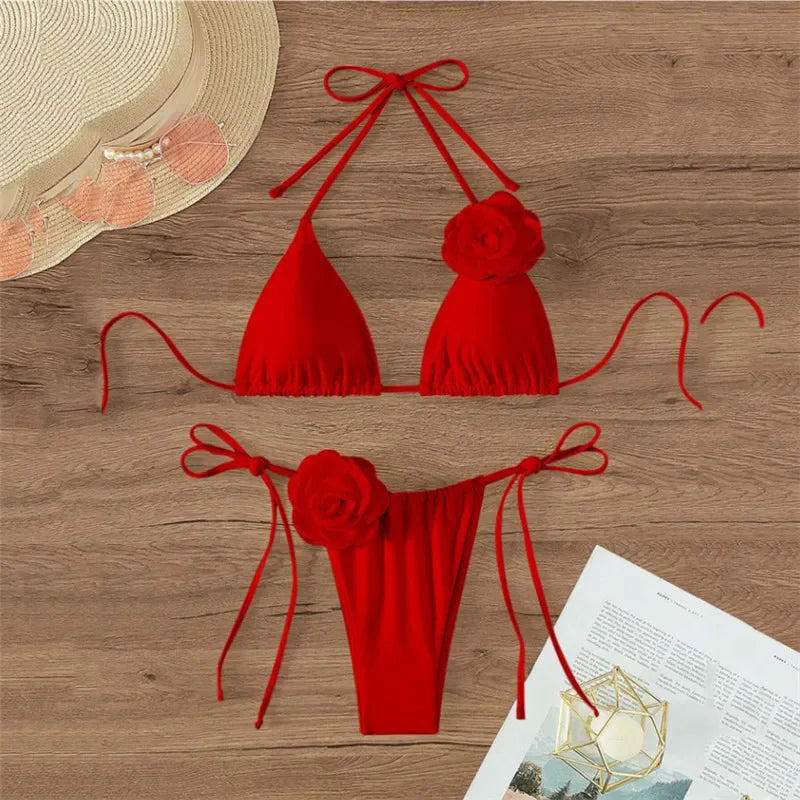 Flower Bandeau Swimwear Thong Bikini Women Lace-up Swimsuits Swimming Bathing Suit Brazilian Bikinis Set