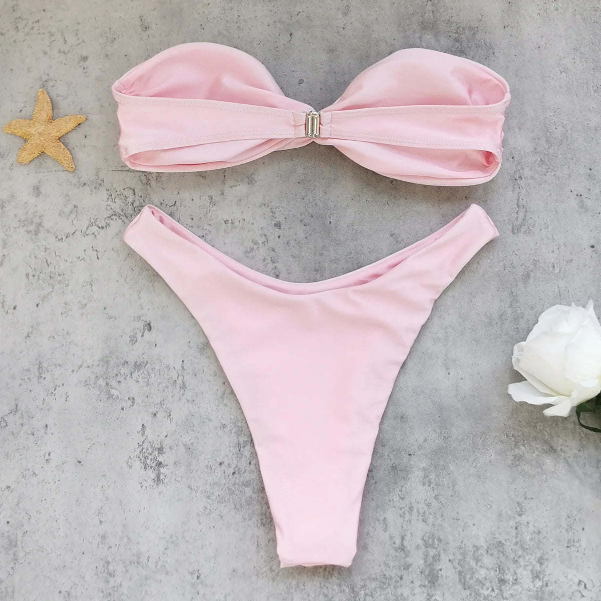 Women's Pink Twist-Front Bandeau Micro Bikini Set
