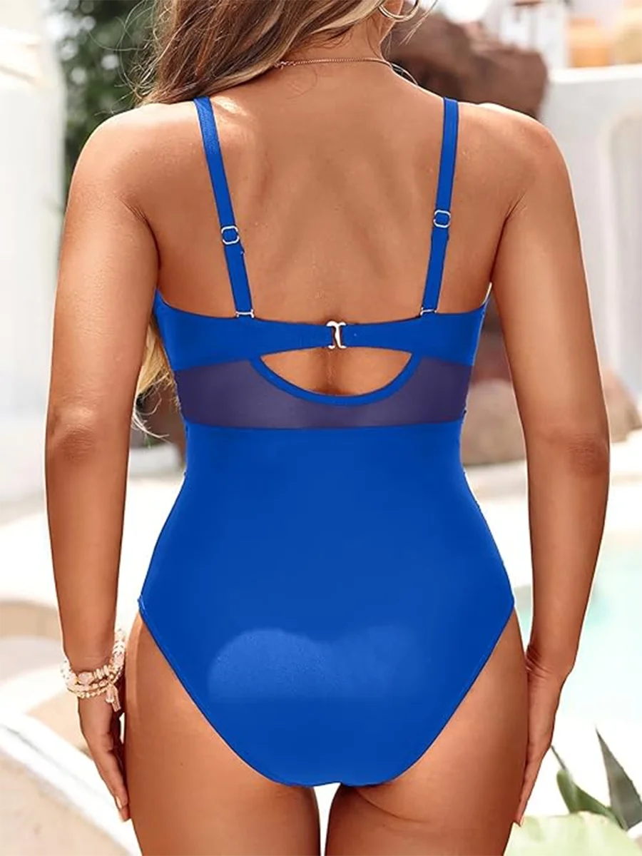 Vintage Strappy Swimsuit Women One Piece Solid Mesh Swimwear Female Bathers Bathing Swimming Swim Suit Beachwear XXL