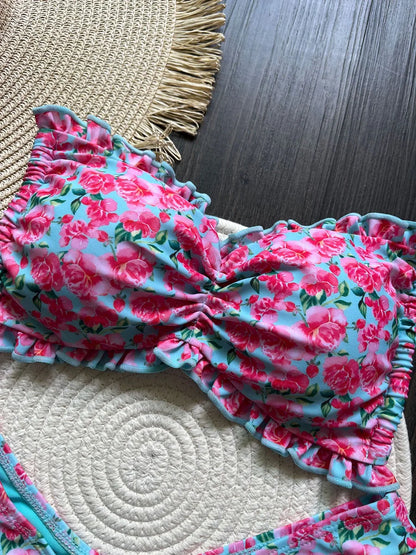 Flowers Print Ruffled Frilled Bandeau Bikini Women Swimwear Female Swimsuit Two-pieces Bikini Set Bather Bathing Suit Swim