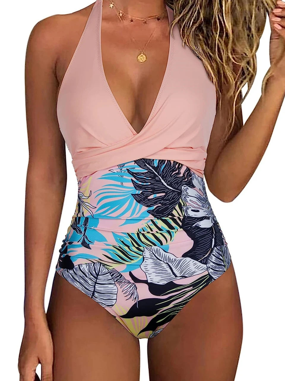 Halter Swimsuit Women One Piece Printed Cross Smocked Swimwear Female Bodysuit Bathing Swimming Suit Padded Beachwear