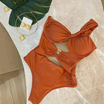 Women One-Piece Swimsuit One Shoulder Padded Swimwear Bikini Set Chain Bathing Suit Beachwear