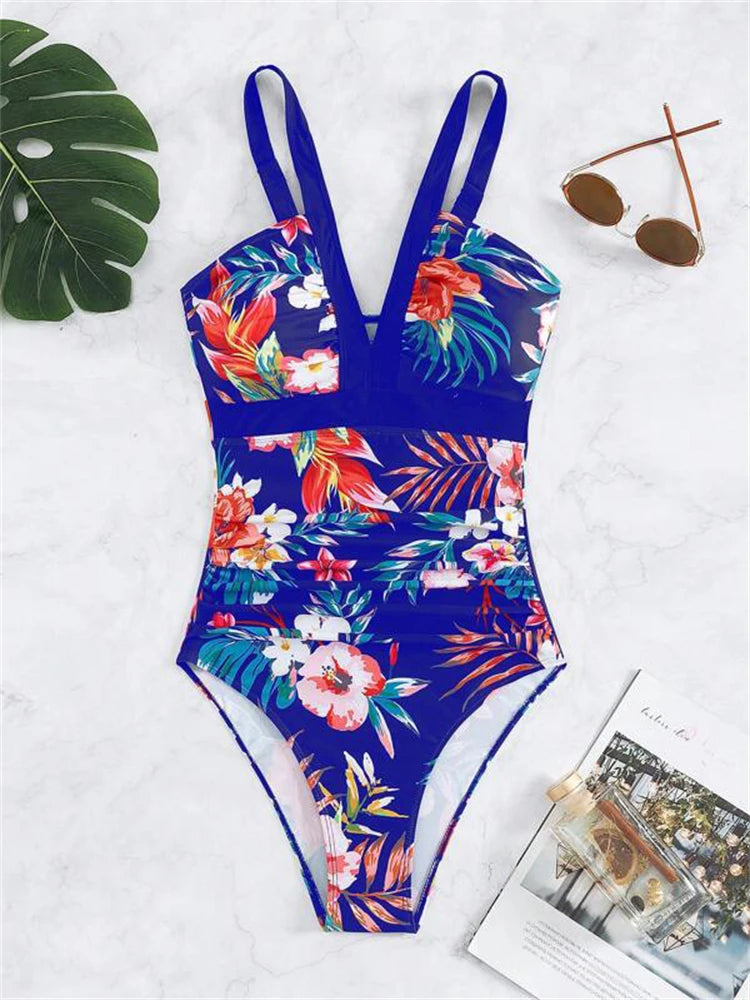 One Piece Swimsuit Women Print Sling V Neck Bodysuit Swimwear Monokini Summer Beach Bathing Suit Female Swimming
