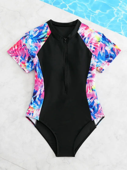 One Piece Kids Girls Swimsuit Black Print Short Sleeve Children Swimwear Summer Monokini Beach Bathing Suits Swimming