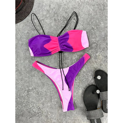Colorful Wrinkled Lace Up Bikini Female Swimsuit Women Swimwear Two-pieces Bikini set High Cut Bather Bathing Suit Swim