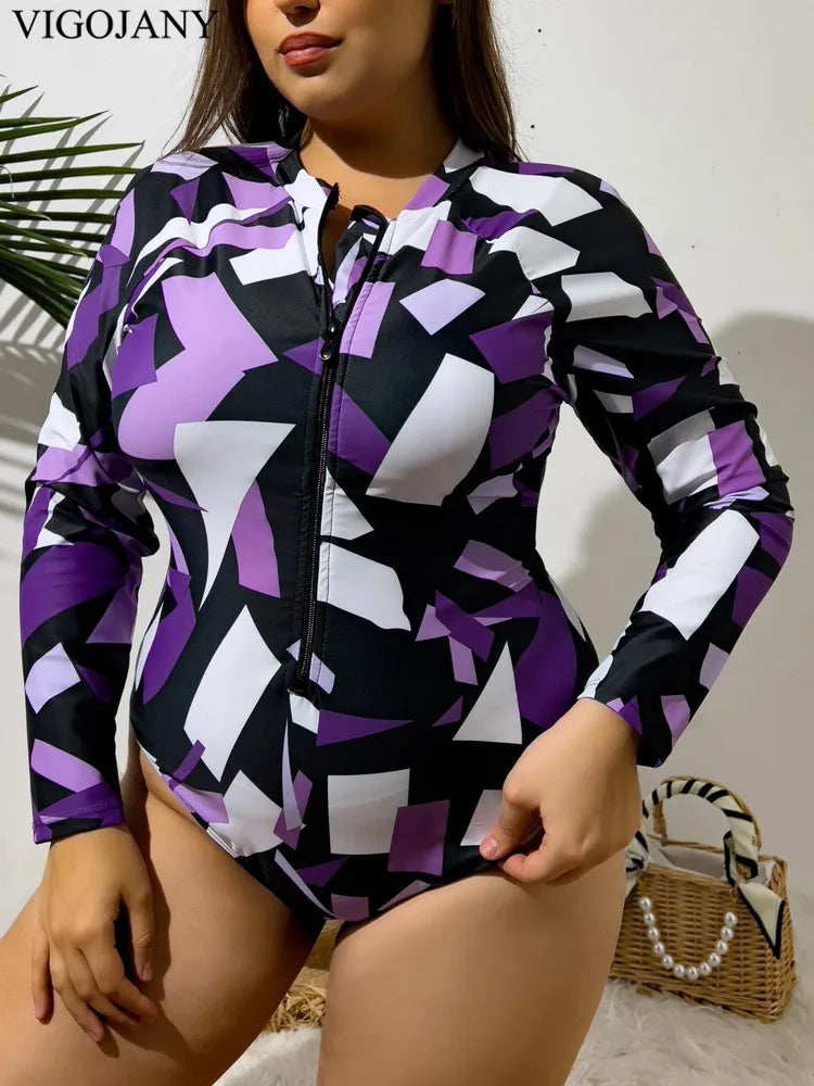 Print Long Sleeve Plus Size Swimwear Women Push UP Large One-Piece Swimsuit Summer Beach Bathing Suit