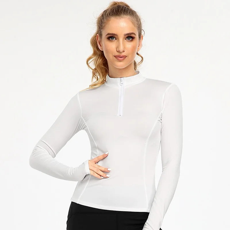 Zipper Thumb Hole Slim Fit Quick Dry Base Long Sleeve Yoga Women Jacket Elastic Top Yoga Fitness Exercise Sportwear