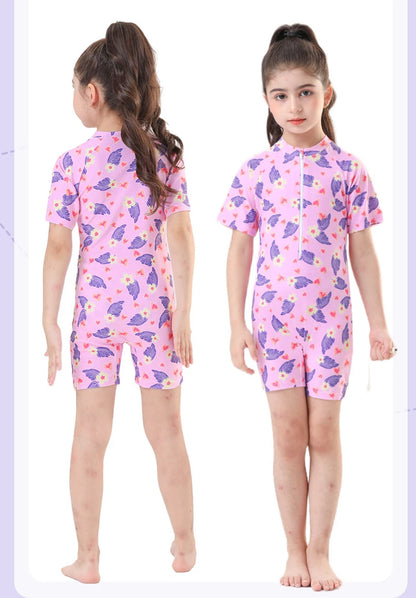 Leaf Print One Piece Girls Swimwear Kids Short Sleeve Swimsuit With Front Zipper Summer Children Swimming Suit Beachwear