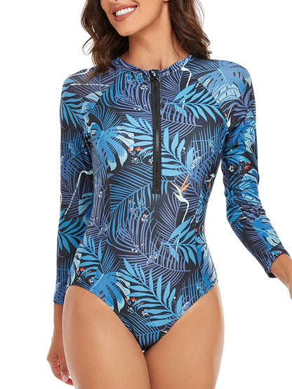 Half Zipper Surfing Swimsuit One Piece Long Sleeve Bathing Suit Women Printed Plus Size Swimwear Women Rashguard Diving XXL