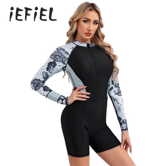 One Piece Floral Swimwear Women Long Sleeve Athletic Swimsuit Zip Front Tropical Plant Surfing Suit Sun Protection UPF 50+