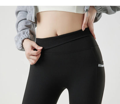 Pocket Brushed Shark Leggings Women Autumn Light Fleece Phone Leggings Slim Tight-Fit Sports Yoga Fitness Leggings