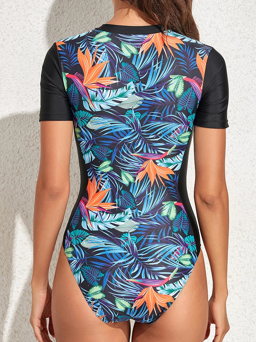 Short Sleeve Zipper One Piece Swimsuit Zebra Print Swimwear Women Diving Clothes Surfing Beachwear Bathing Swimming Suit