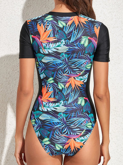 Short Sleeve Zipper One Piece Swimsuit Zebra Print Swimwear Women Diving Clothes Surfing Beachwear Bathing Swimming Suit
