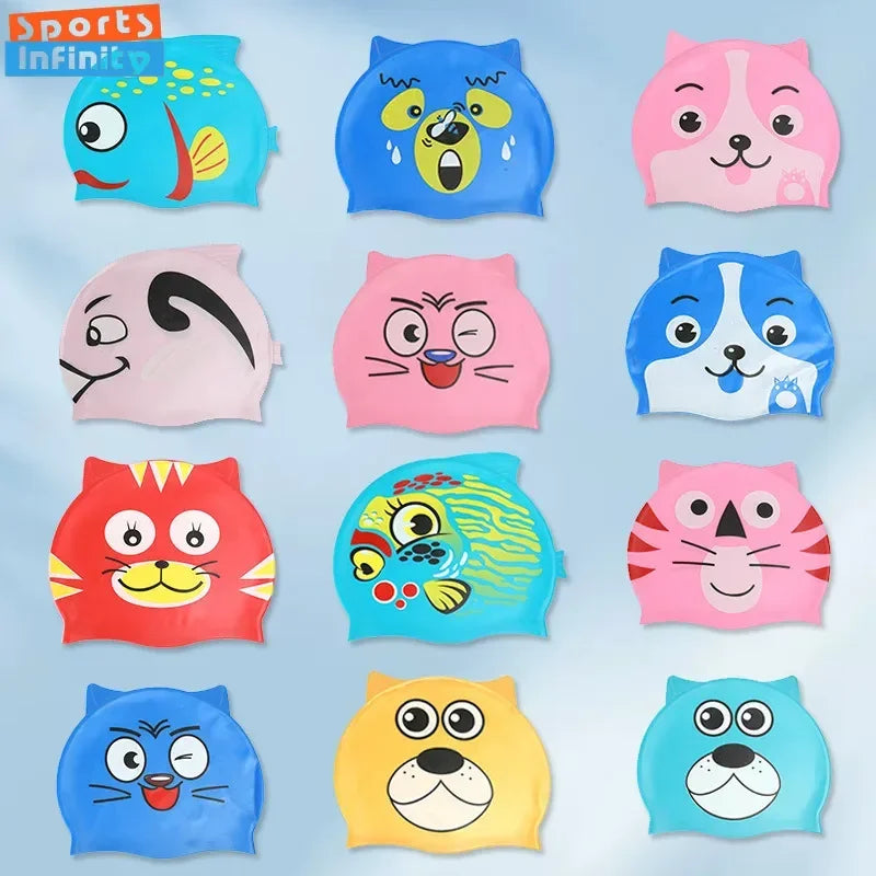 Children's Swimming Caps Waterproof Cartoon Swimming Cap for Boys and Girls Universal Cartoon Fish Shaped Soft Silicone Swim Cap