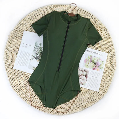 Women's Summer Short Sleeve V-Neck Zipper Front Monokini Rash Guard Swimsuit Slim Fit Surfing Bathing Suit Solid Color
