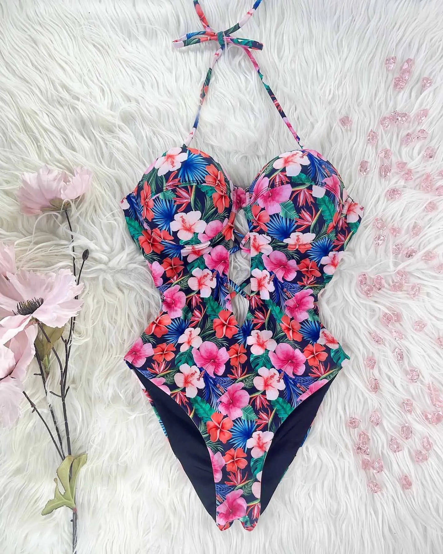 One Piece Swimsuit Female Push Up Swimwear Print Bathing Suit Summer Beachwear Hanging Neck Swimming Suit