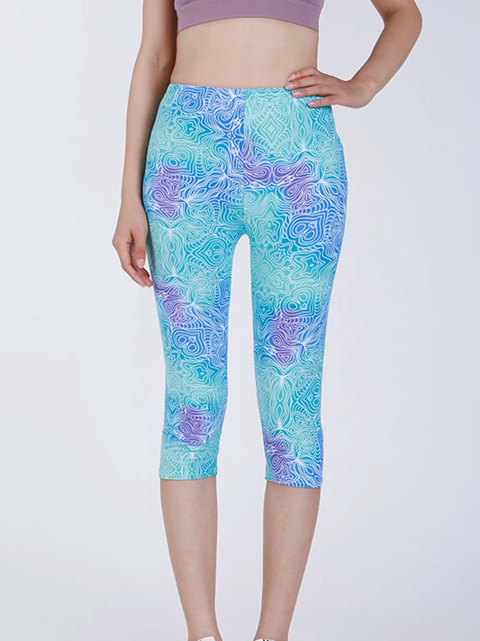 Women Light Blue Lines Printed New Summer Leggings Fitness Capris Leggins High Waist Elastic Gym Yoga Cropped Pants