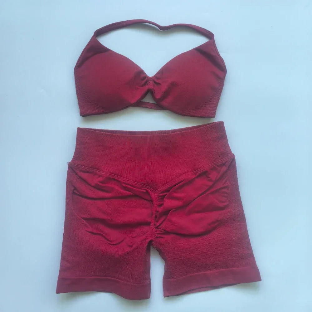 2PCS Gym Set Women Strappy Yoga Bra Top High Waist Workout Scrunch Shorts Sports Suit Seamless Yoga Set Fitness Clothes