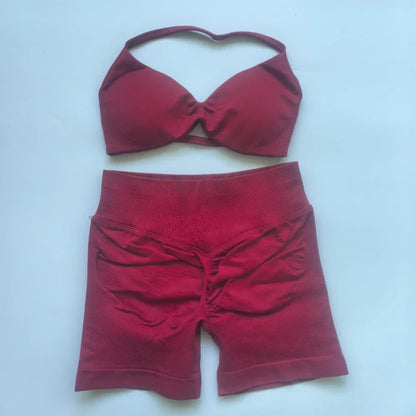 2PCS Gym Set Women Strappy Yoga Bra Top High Waist Workout Scrunch Shorts Sports Suit Seamless Yoga Set Fitness Clothes