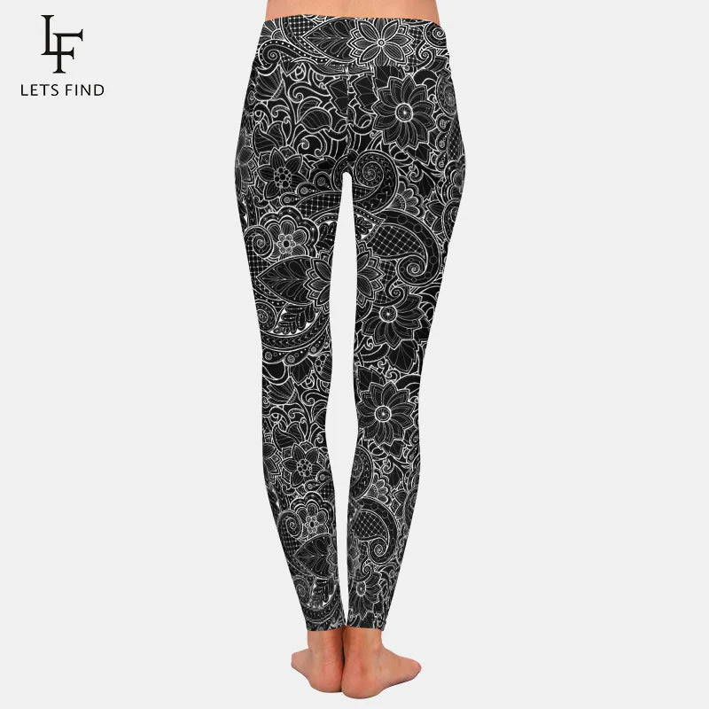 Women High Waist Black Leggings 3D Printing Flowers Pattern Milk Silk Leggings Gym Pants Yoga Pants