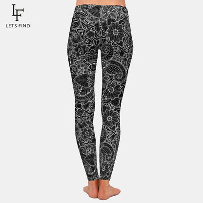 Women High Waist Black Leggings 3D Printing Flowers Pattern Milk Silk Leggings Gym Pants Yoga Pants
