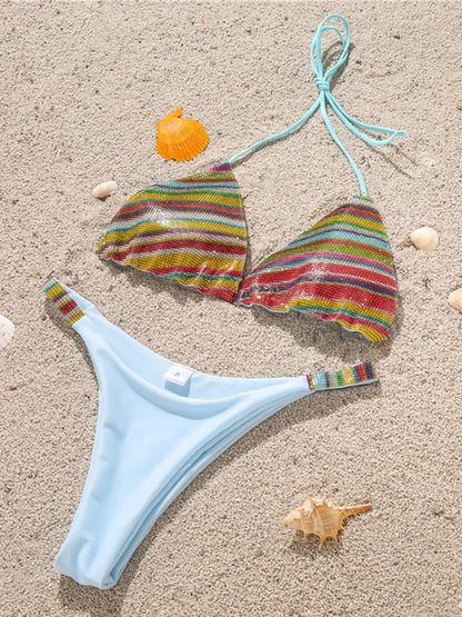 Shiny Sequins Diamond Micro Bikini Women Swimsuit Female Halter Swimwear Two Pieces Bikini Set Brazilian Bathing Suit Swim
