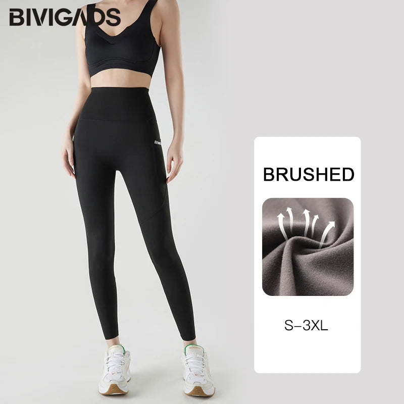 Pocket Brushed Shark Leggings Women Autumn Light Fleece Phone Leggings Slim Tight-Fit Sports Yoga Fitness Leggings