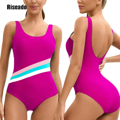 One Piece Swimsuit Women U Back Color Block Print Bathing Suits Athletic Modest Swimwear