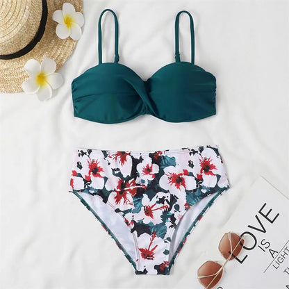 Women Bikini Set Solid Color Underwire Padded Push-Up Split Bikini Bra Print High Waist Bottoms Swimsuit Women Bathing Suit