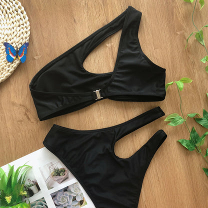 Solid color swimsuit irregular diagonal shoulder  bikini Swimwear Beach Bathing Suits
