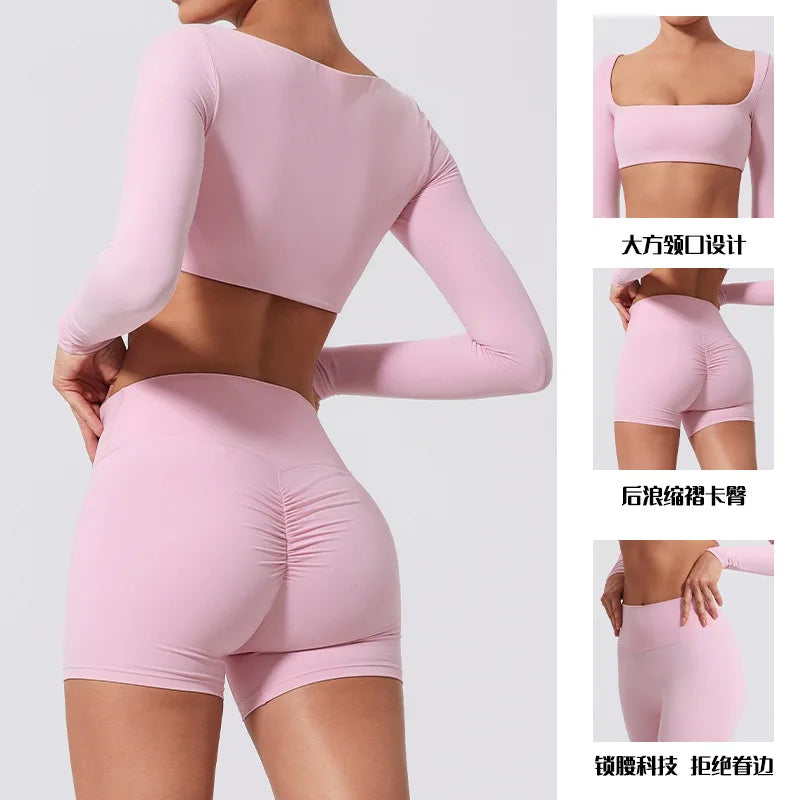 Yoga Clothes 2PCS Gym Set Sports Shorts Set Women Long Sleeved High Waist Shorts Fitness Suit Running Workout Tracksuit