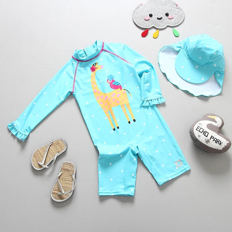Baby Swimsuit UPF50 UV Protection Kids Swimwear for Girls Long Sleeve Bathing Suit Toddler One-Piece Cartoon Infant Beachwear