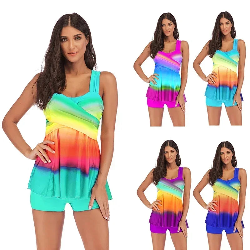 Skirt style swimsuit gradient rainbow print Suits Swimwear Swimsuit Women Summer Tankini Sets Swimming Bathing Suit