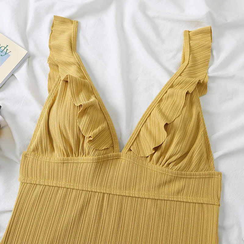 Ruffle Swimsuit One Piece Solid V-neck Backless Swimwear Women Bathing Swimming Swim Suit Female Padded Beach Wear Summer