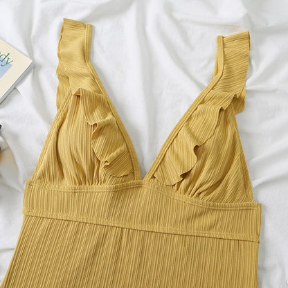 Ruffle Swimsuit One Piece Solid V-neck Backless Swimwear Women Bathing Swimming Swim Suit Female Padded Beach Wear Summer