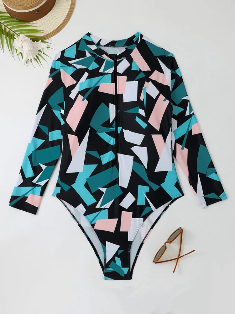Rash Guard Plus Size Swimwear Women Surf Long Sleeve Swimsuit One-Piece Swimming Suit Zipper Bath Suits Beachwear Monokini