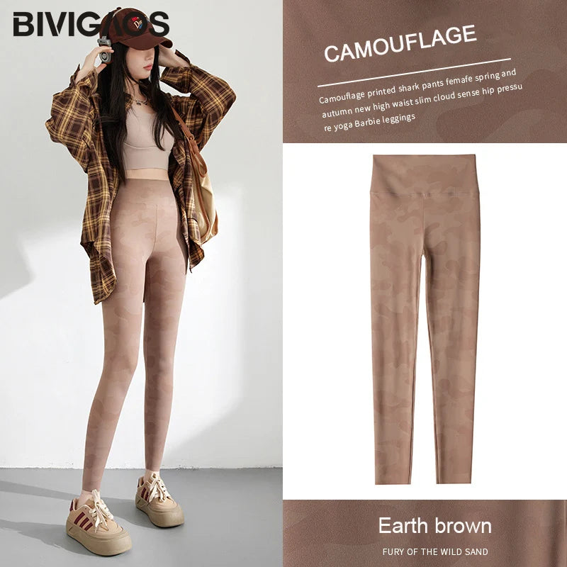 Spring Summer High Waist Colours Camouflage Shark Leggings Women Slim Sport Leisure Leggings Yoga Fitness Leggings