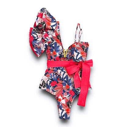 Ruffle Print Floral One Piece Strappy One shoulder Swimwear Women Swimsuit Bathing Suit Backless Beachwear Monkini