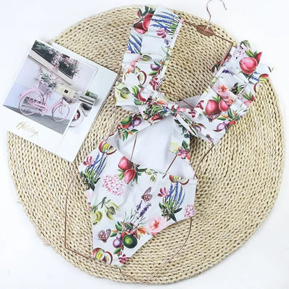 One Piece Swimsuit Swimwear Women Flowers Fruits Print V-neck Big Ruffle Backless Bowknot Hollow Beachwear Bathing Suit