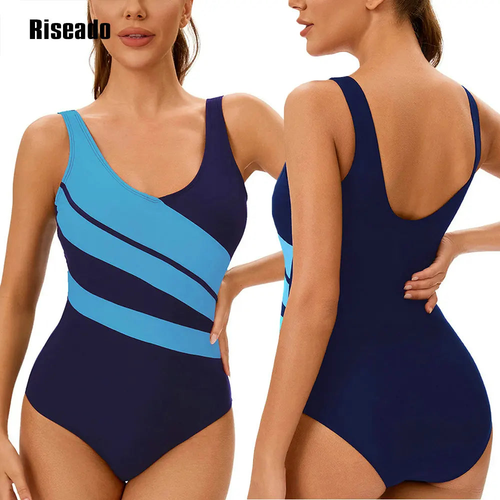 One Piece Swimsuit Women U Back Color Block Print Bathing Suits Athletic Modest Swimwear