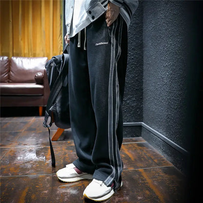 Men Straight Stripes Sweatpants Korean Spring Autumn Male Elastic Waist Zipper Pockets Loose Sports Casual Trousers