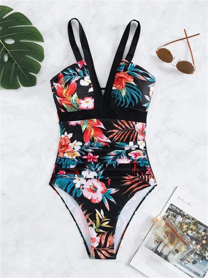 One Piece Swimsuit Women Print Sling V Neck Bodysuit Swimwear Monokini Summer Beach Bathing Suit Female Swimming
