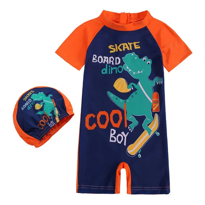 Baby Boys Girls 2pcs Summer Beach Swimwear Print Cartoon Cap+Bodysuit Infant Suit Outfit Bathing Swimsuit