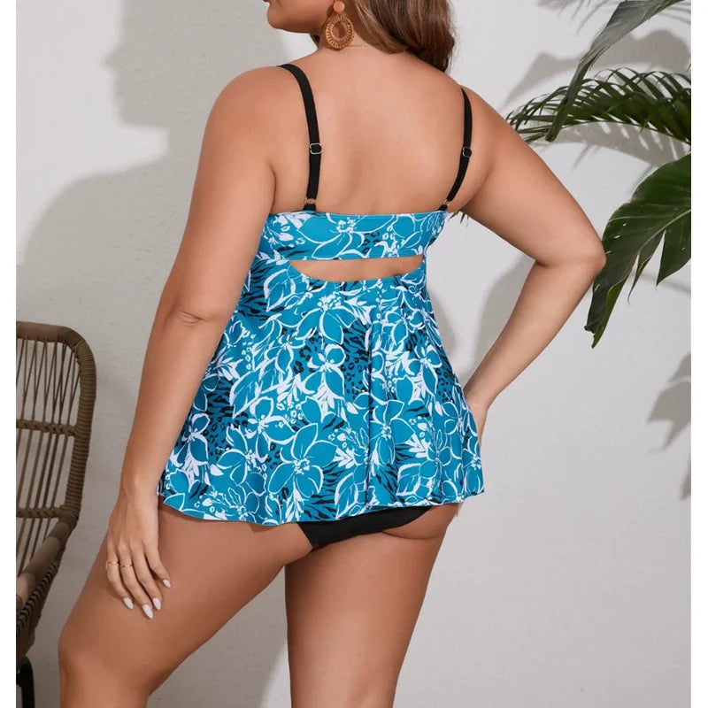 Plus Size Women's Swimsuit Printed 2 Pieces Tankini Set Conservative Swimwear Large Size Woman Bathing Suit