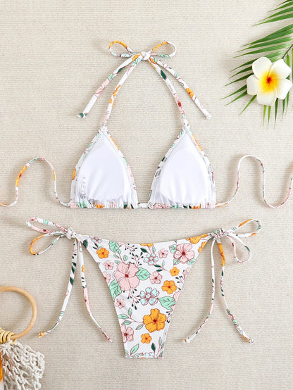 Tie Dye Gradient Mini Bikini Women Halter Push Up Bra Tie Side Thong Swimsuit Beach Pool Holiday Bathing Suit Swimwear