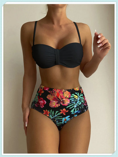Solid Bandeau Bikini Set Women Tropical Printed Swimwear Female Push Up Swimsuit High Waist Bathing Suit Tie Back Beachwear